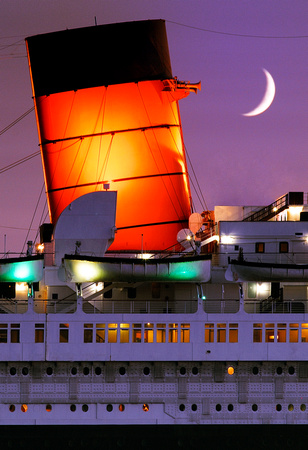 Crecent Moon And Center Funnel Of The Queen Mary